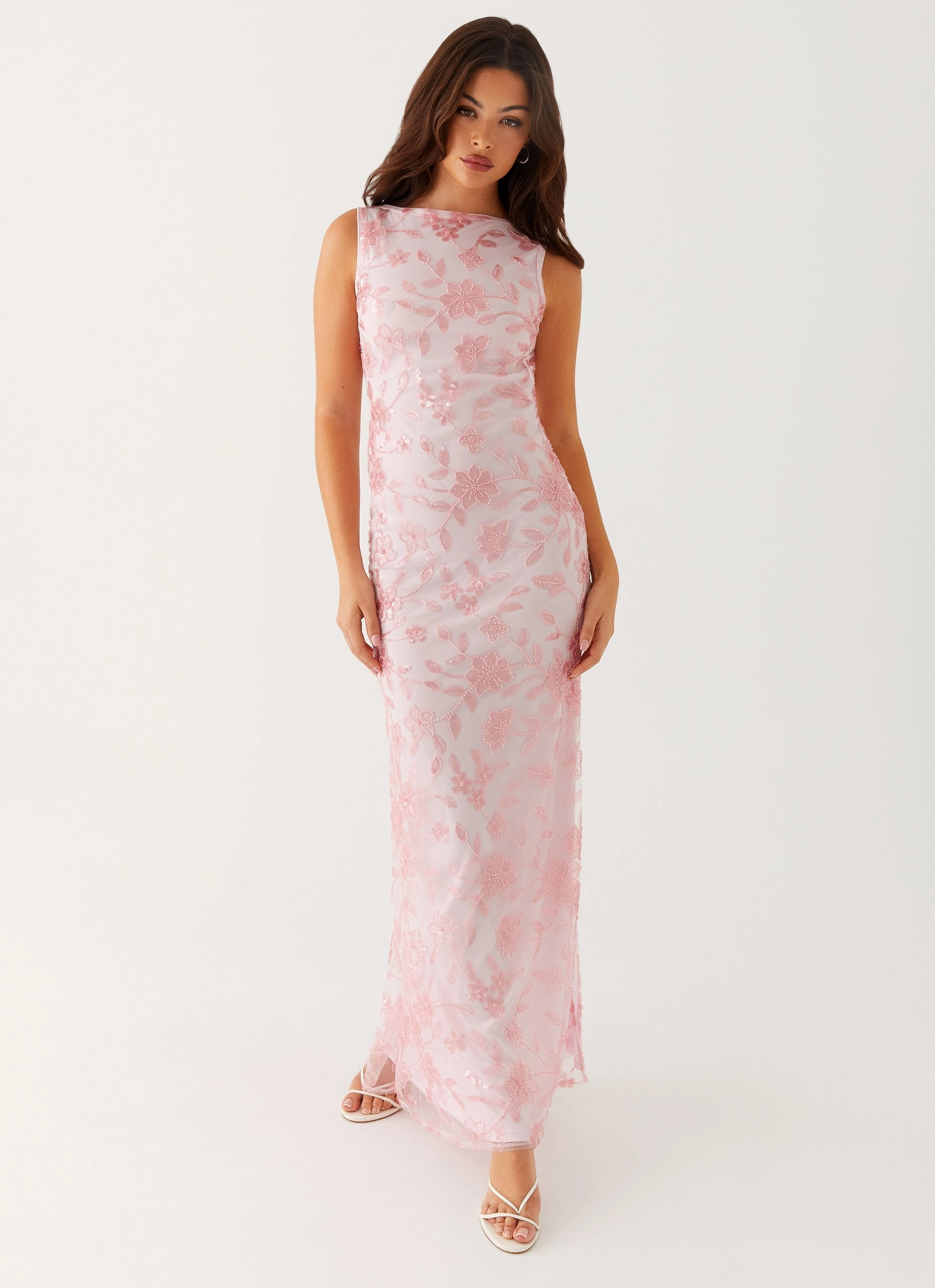 Moorey High Neck Maxi Dress - Pink Lounge Style Bell-Sleeve