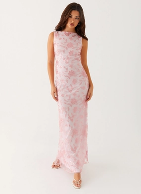 Moorey High Neck Maxi Dress - Pink Lounge Style Bell-Sleeve