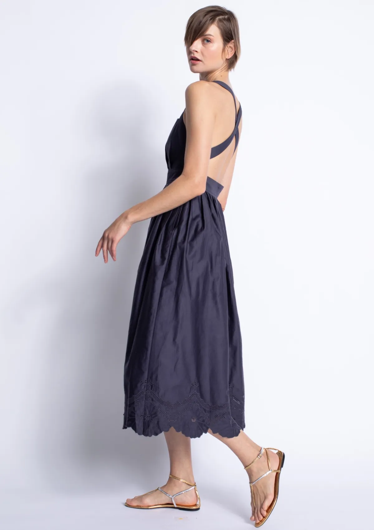 Gloss Accent Embroidered-Detail Mora Embroidered Dress