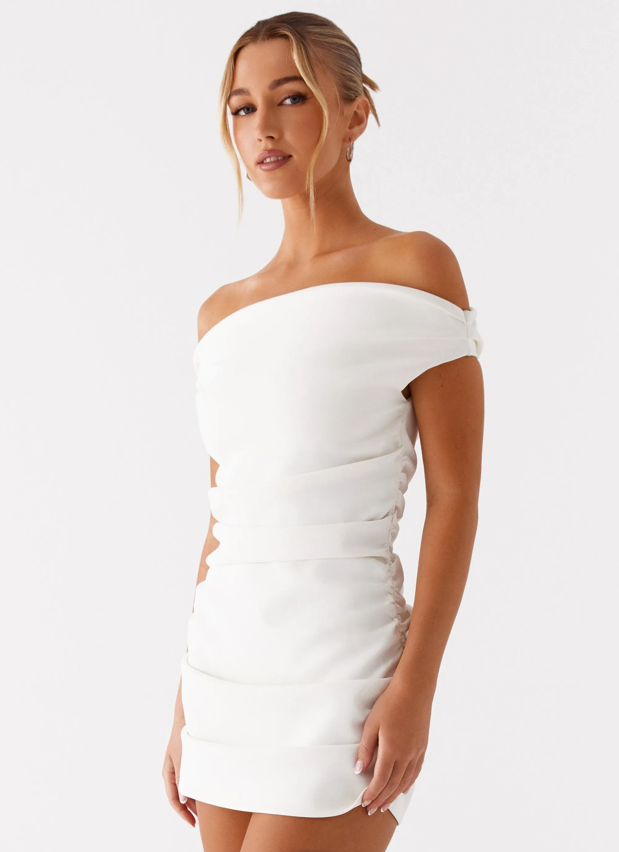 Morgan Off Shoulder Mini Dress - Ivory Sheer Layer Balanced Tones