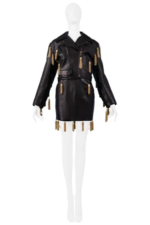 MOSCHINO  BLACK LEATHER SKIRT SUIT WITH GOLD CHAIN TASSELS 1989