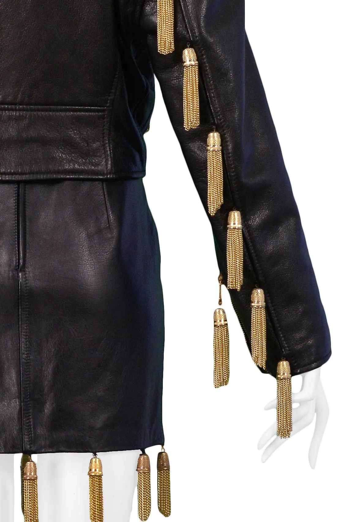 MOSCHINO  BLACK LEATHER SKIRT SUIT WITH GOLD CHAIN TASSELS 1989
