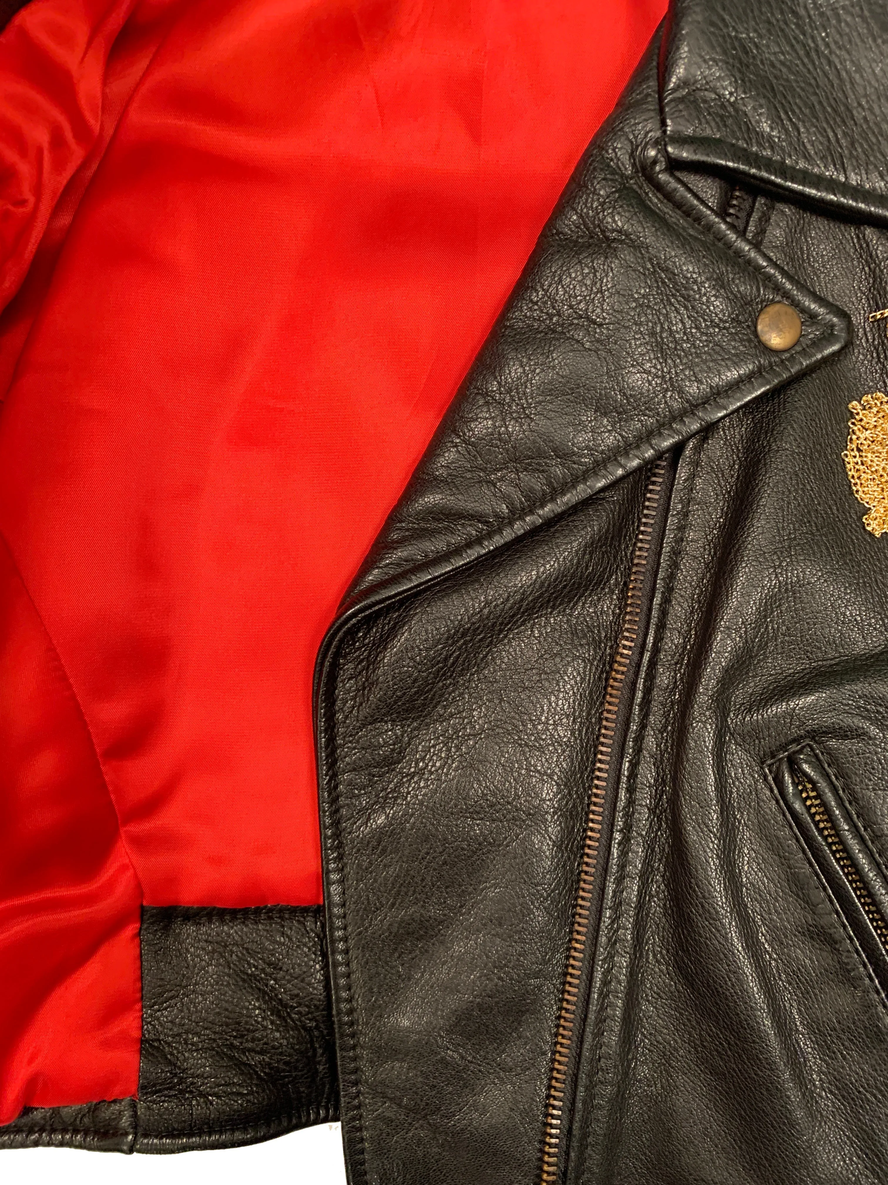 MOSCHINO  BLACK LEATHER SKIRT SUIT WITH GOLD CHAIN TASSELS 1989