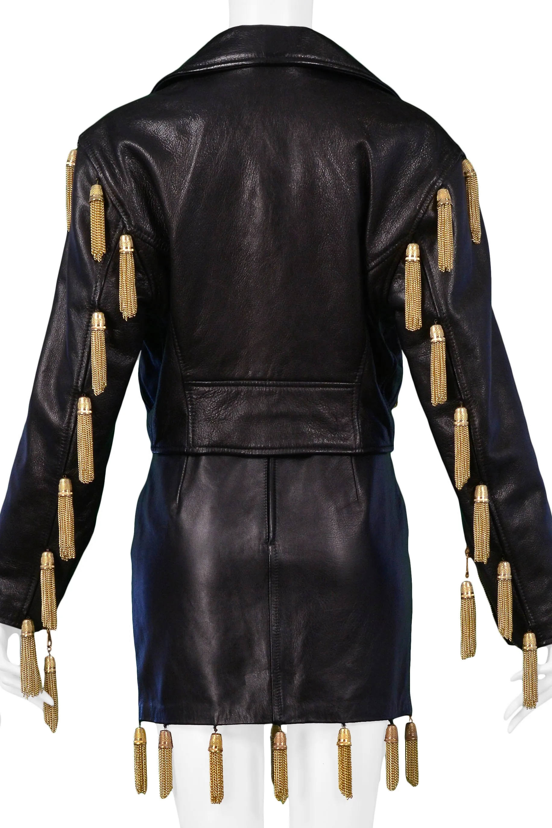 MOSCHINO  BLACK LEATHER SKIRT SUIT WITH GOLD CHAIN TASSELS 1989