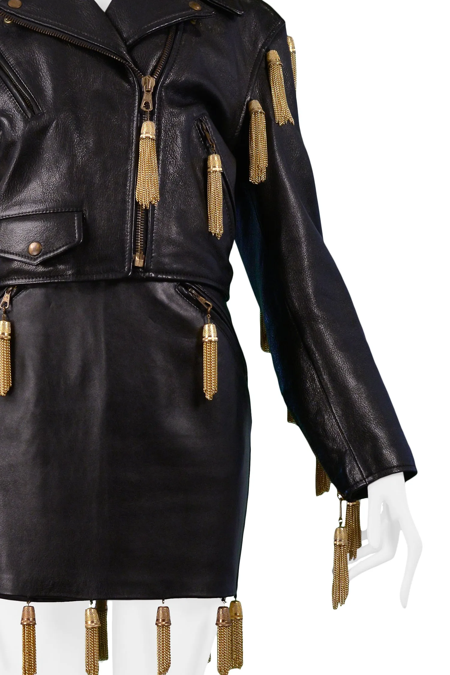 MOSCHINO  BLACK LEATHER SKIRT SUIT WITH GOLD CHAIN TASSELS 1989