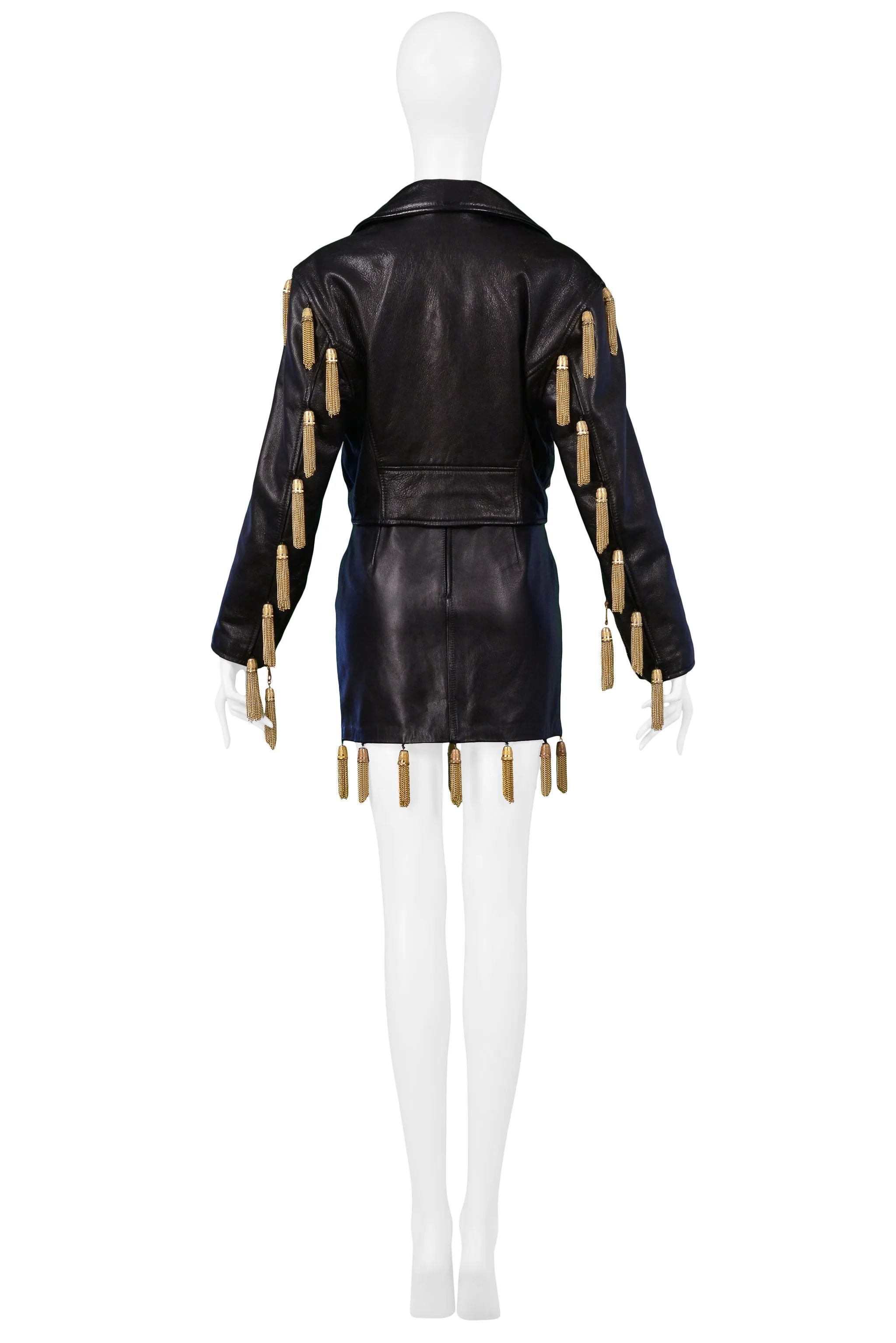 MOSCHINO  BLACK LEATHER SKIRT SUIT WITH GOLD CHAIN TASSELS 1989