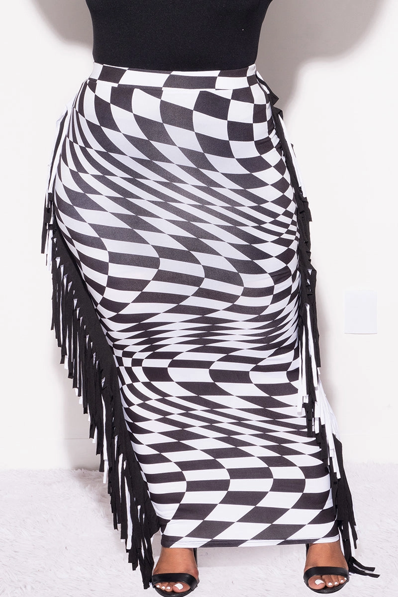 Final Sale Plus Size High Waist Fringe Trim Pencil Skirt in Checkered Print Work Comfort StretchFabric