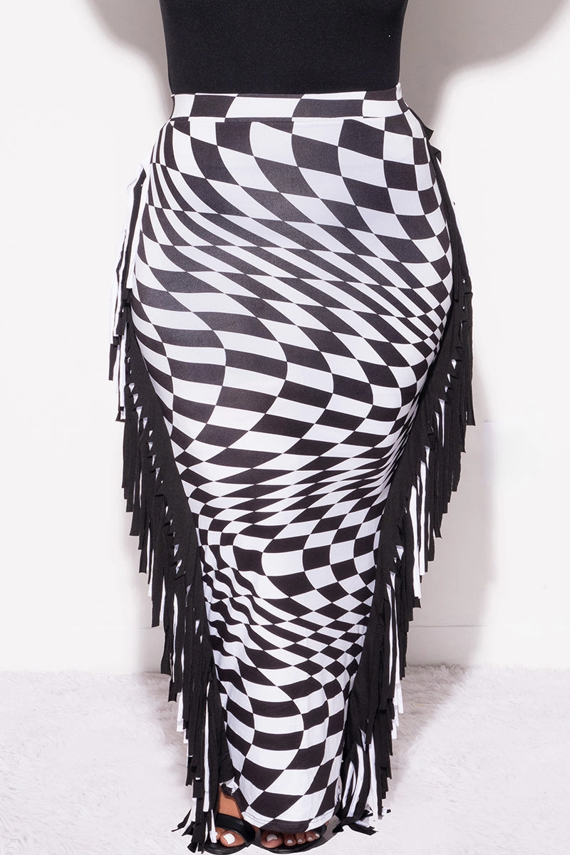 Final Sale Plus Size High Waist Fringe Trim Pencil Skirt in Checkered Print Reinforced Pockets Relaxed Look
