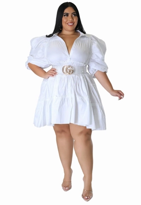 AllDayCompression Final Sale Plus Size Puffy Sleeve 3-Tiered Button Up Collar Baby Doll Dress in White
