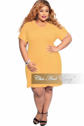 Final Sale Plus Size Rolled Sleeve V-Neck Dress in Mustard Crisp Design UVProtection