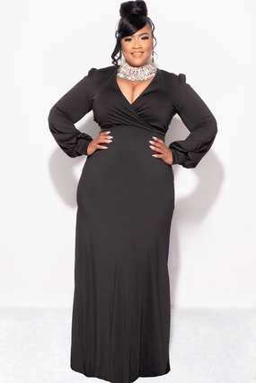 Final Sale Plus Size Faux Wrap Cut Out Maxi Dress in Black Comfortable Leg Office Appropriate