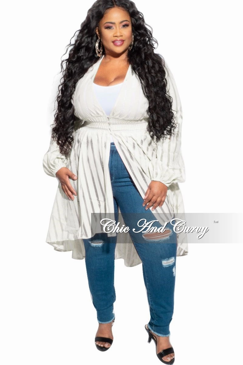Flat Lock Stitching Final Sale Plus Size Sheer Button High-Low Duster in Ivory