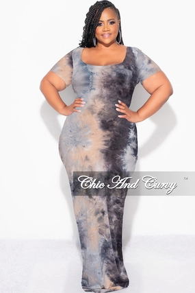 Final Sale Plus Size Short Sleeve Deep Scoop Neck Maxi Dress in Grey, Black and Tan Tie Dye Print Versatile Wearable Tight Cut