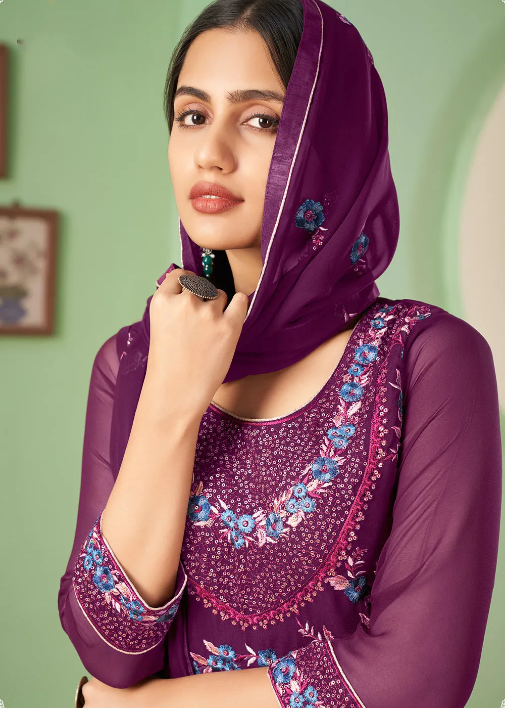Multi Thread Enticing Purple Georgette Palazzo Salwar Suit