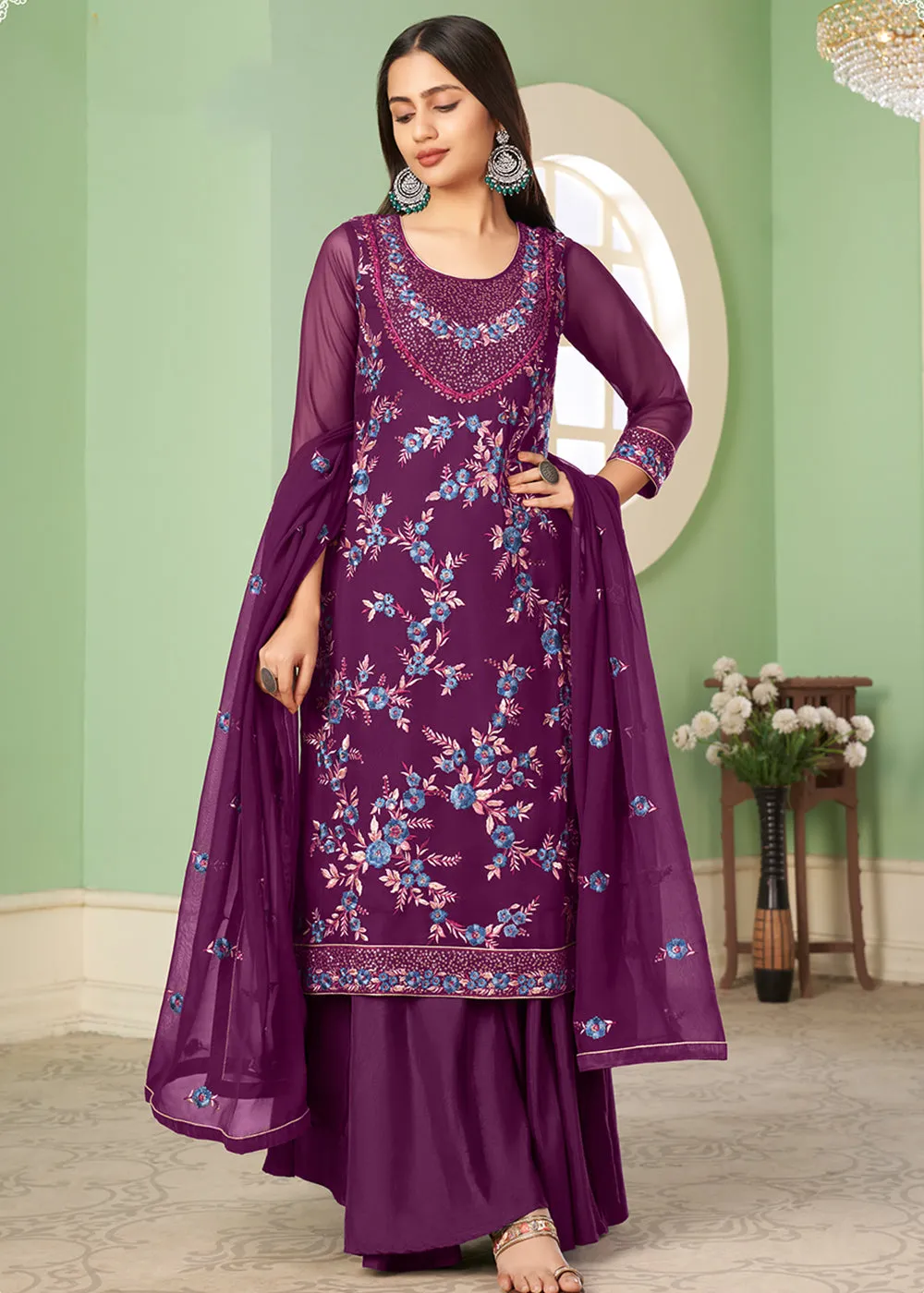 Multi Thread Enticing Purple Georgette Palazzo Salwar Suit