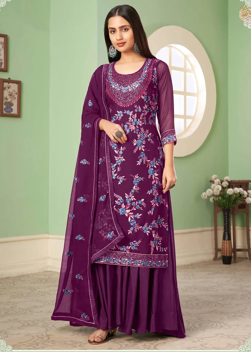 Multi Thread Enticing Purple Georgette Palazzo Salwar Suit