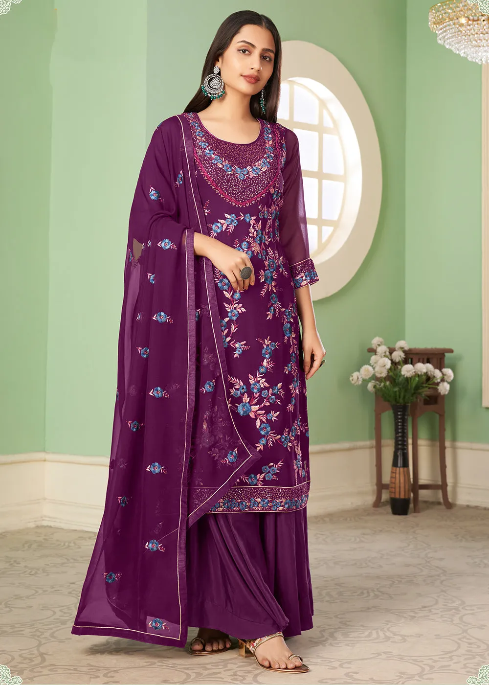 Multi Thread Enticing Purple Georgette Palazzo Salwar Suit