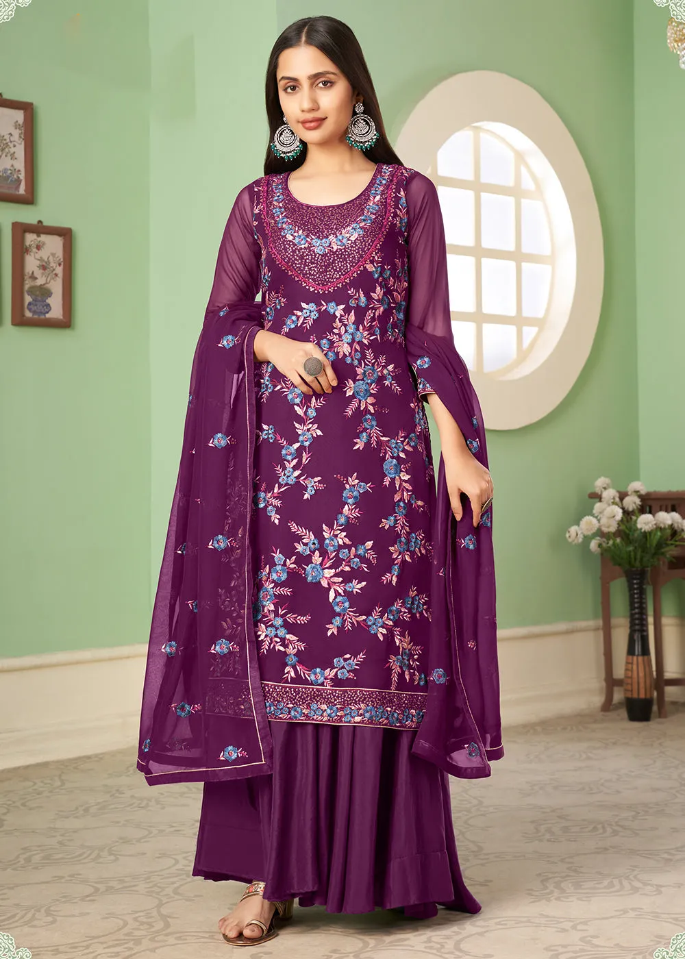 Multi Thread Enticing Purple Georgette Palazzo Salwar Suit