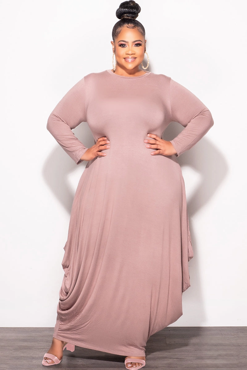 Final Sale Plus Size Long Sleeve Casual Loose Pocket Dress in Mocha Seamless Waistband Stretchable Wear
