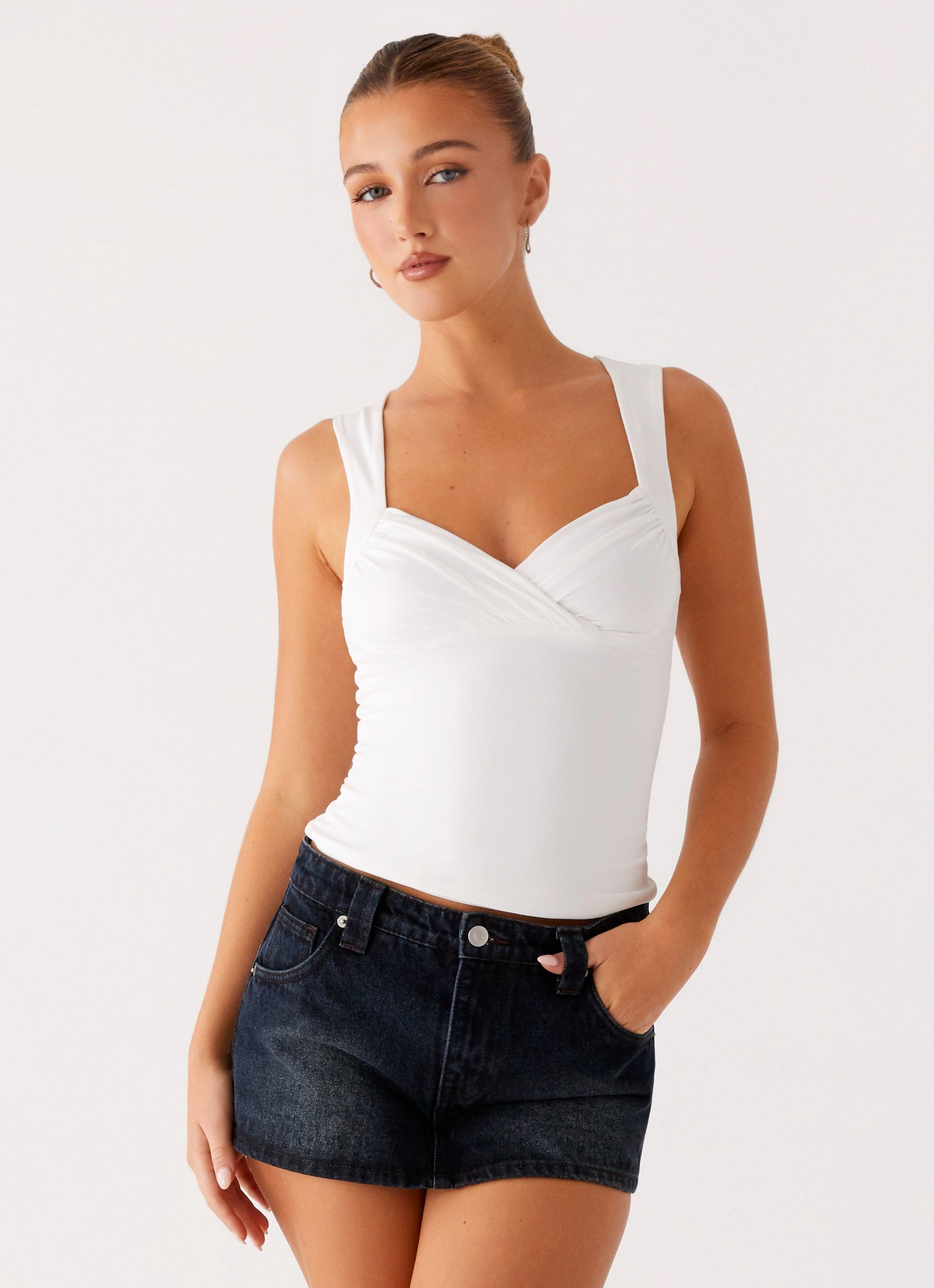 Chilly Day Ready Cozy Waist Tropics Low Rise Denim Mini Skort - Washed Dark Blue