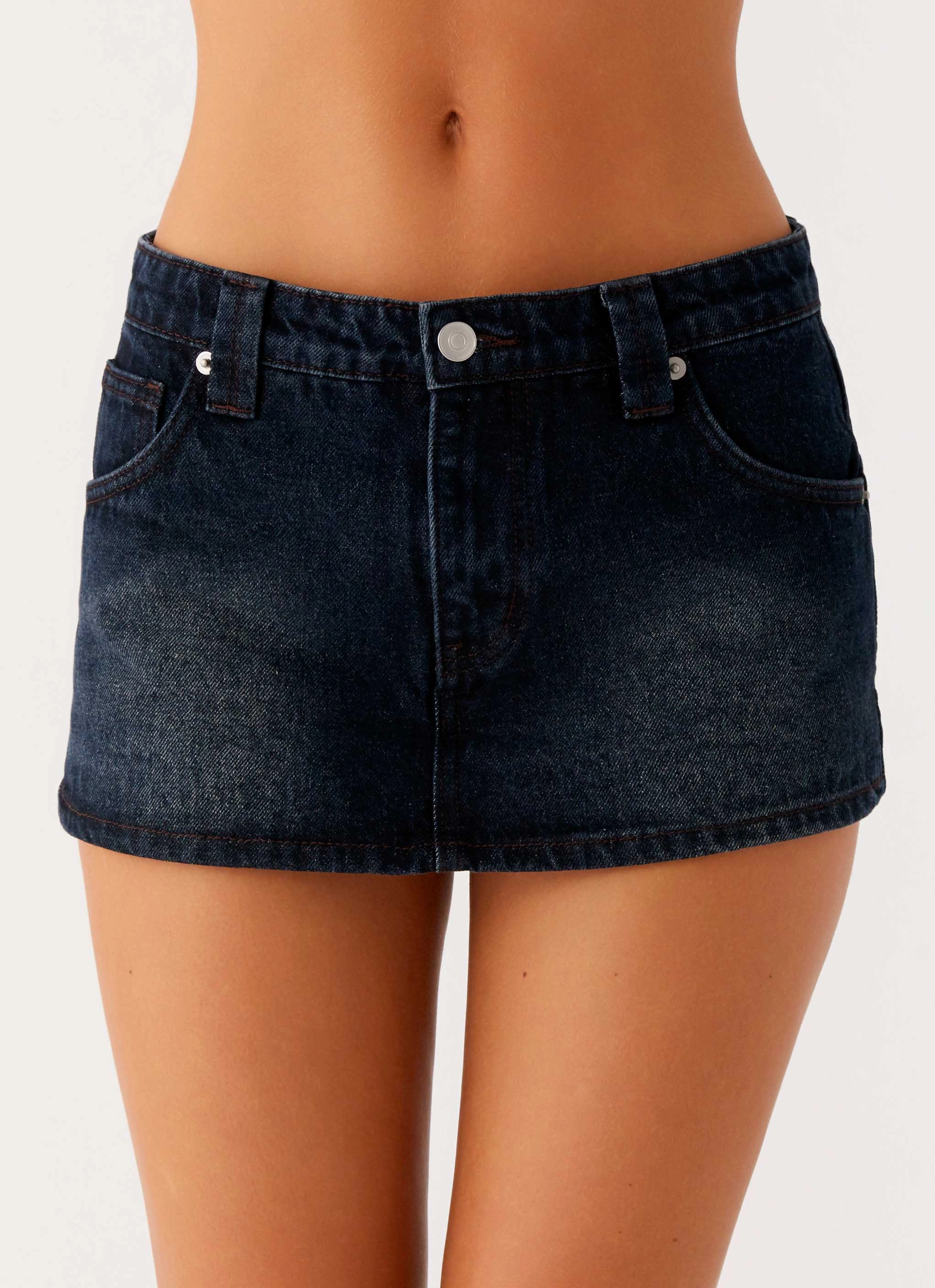 Structured fabric Travel Ready Fit Tropics Low Rise Denim Mini Skort - Washed Dark Blue