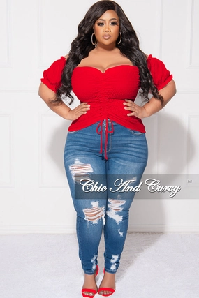 Timeless Layers Final Sale Plus Size Off the Shoulder Frill Top with Middle Drawstring and Ruffle Bottom in Red