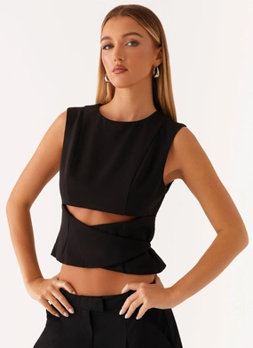 Stretch Weave Construction Cyra Wrap Top - Black