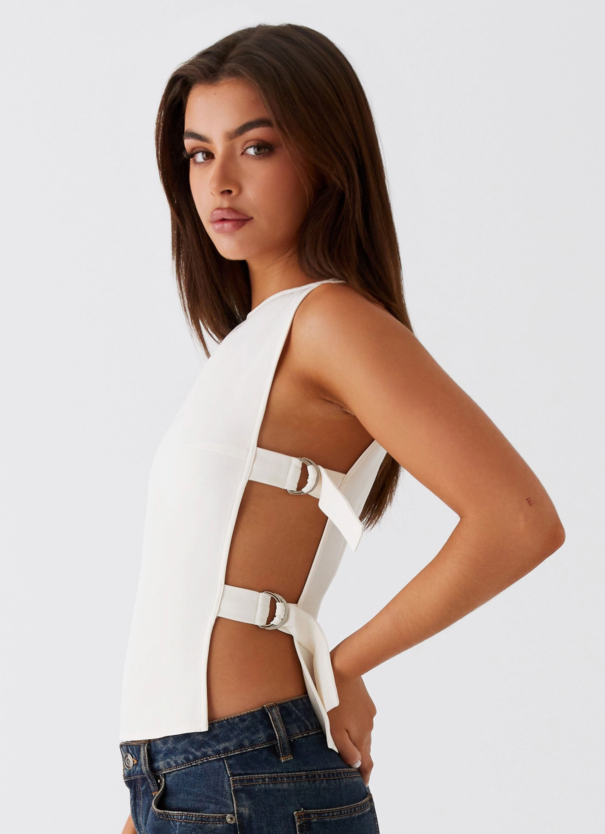 Cherish You Buckle Top - White QuickDryTechnology Anti Slip Shoulder Padding