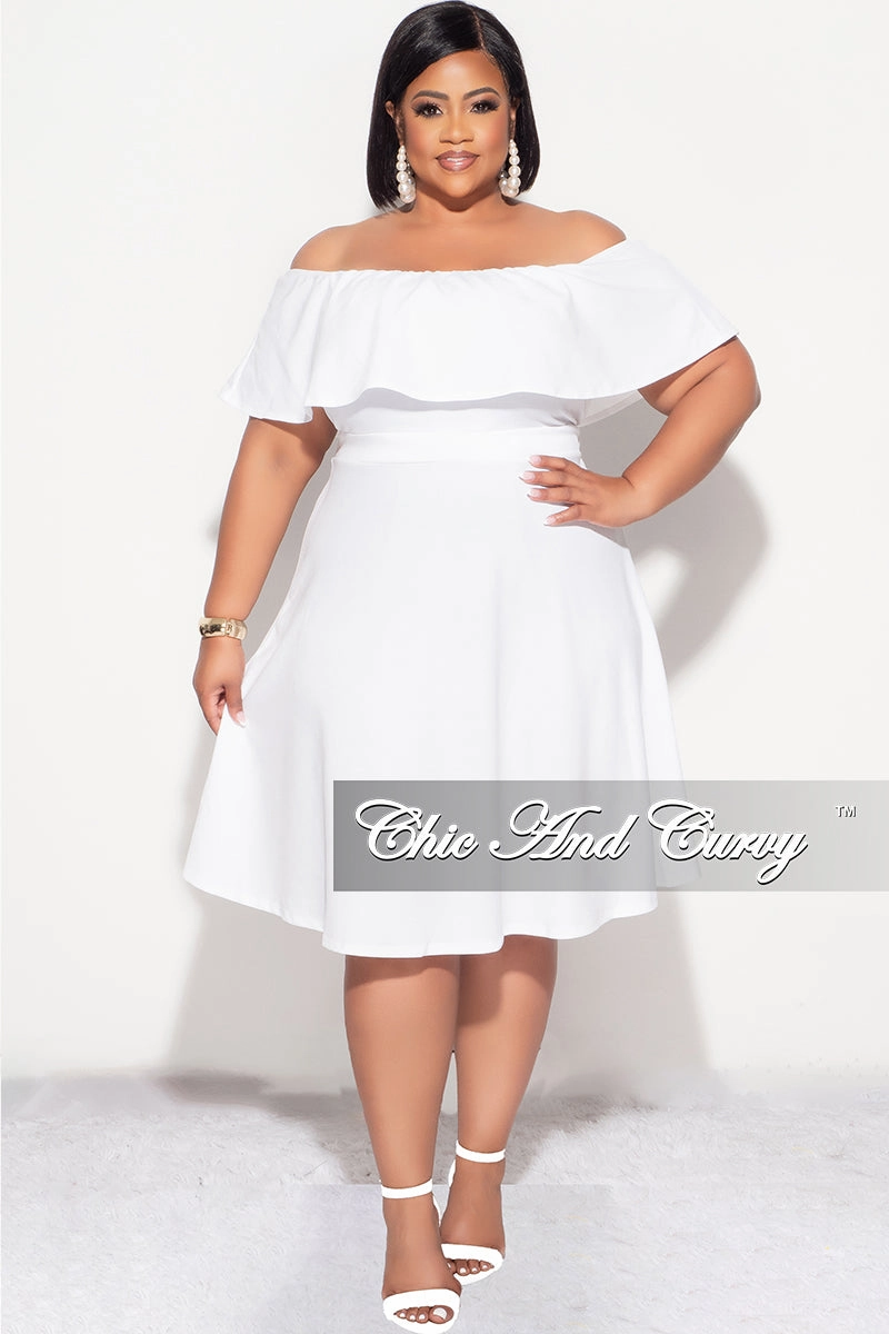 Final Sale Plus Size Off the Shoulder Ruffle Dress in White Flat waistband Sweat Wicking Liner