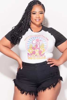 Sporty Design Final Sale Plus Size "Take A Walk On The Wild Side Cowgirl" Graphic Top in White and Black