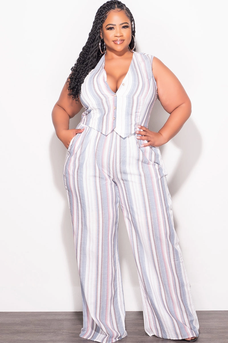 Sporty Stretch Fit Water Resistant Finish Final Sale Plus Size 2pc Sleeveless Blazer Vest and Pants Linen Set in Cream, Blue & Mauve Stripes