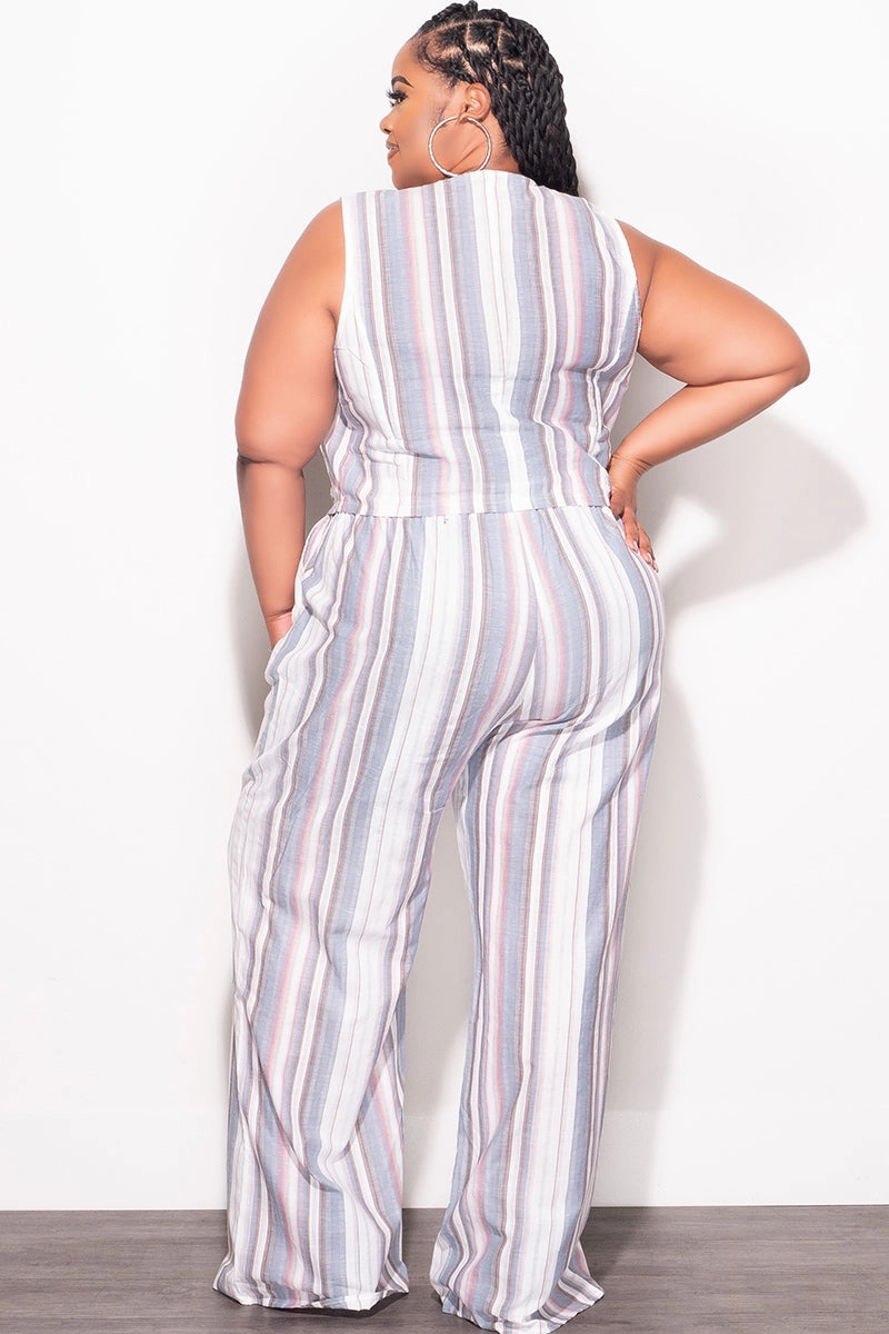 Active Appeal High Stretch Fit Final Sale Plus Size 2pc Sleeveless Blazer Vest and Pants Linen Set in Cream, Blue & Mauve Stripes