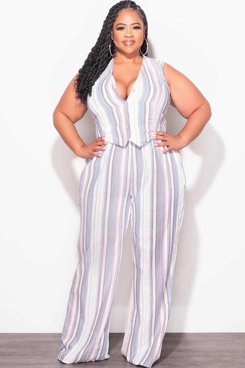 AntiSlipGrip Lightweight Weave Final Sale Plus Size 2pc Sleeveless Blazer Vest and Pants Linen Set in Cream, Blue & Mauve Stripes