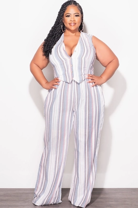 AntiSlipGrip Lightweight Weave Final Sale Plus Size 2pc Sleeveless Blazer Vest and Pants Linen Set in Cream, Blue & Mauve Stripes