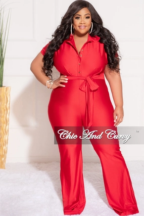 Final Sale Plus Size Shiny Collar Button Up Stretchy Jumpsuit in Red StainResistantFinish NonBindingWaistline