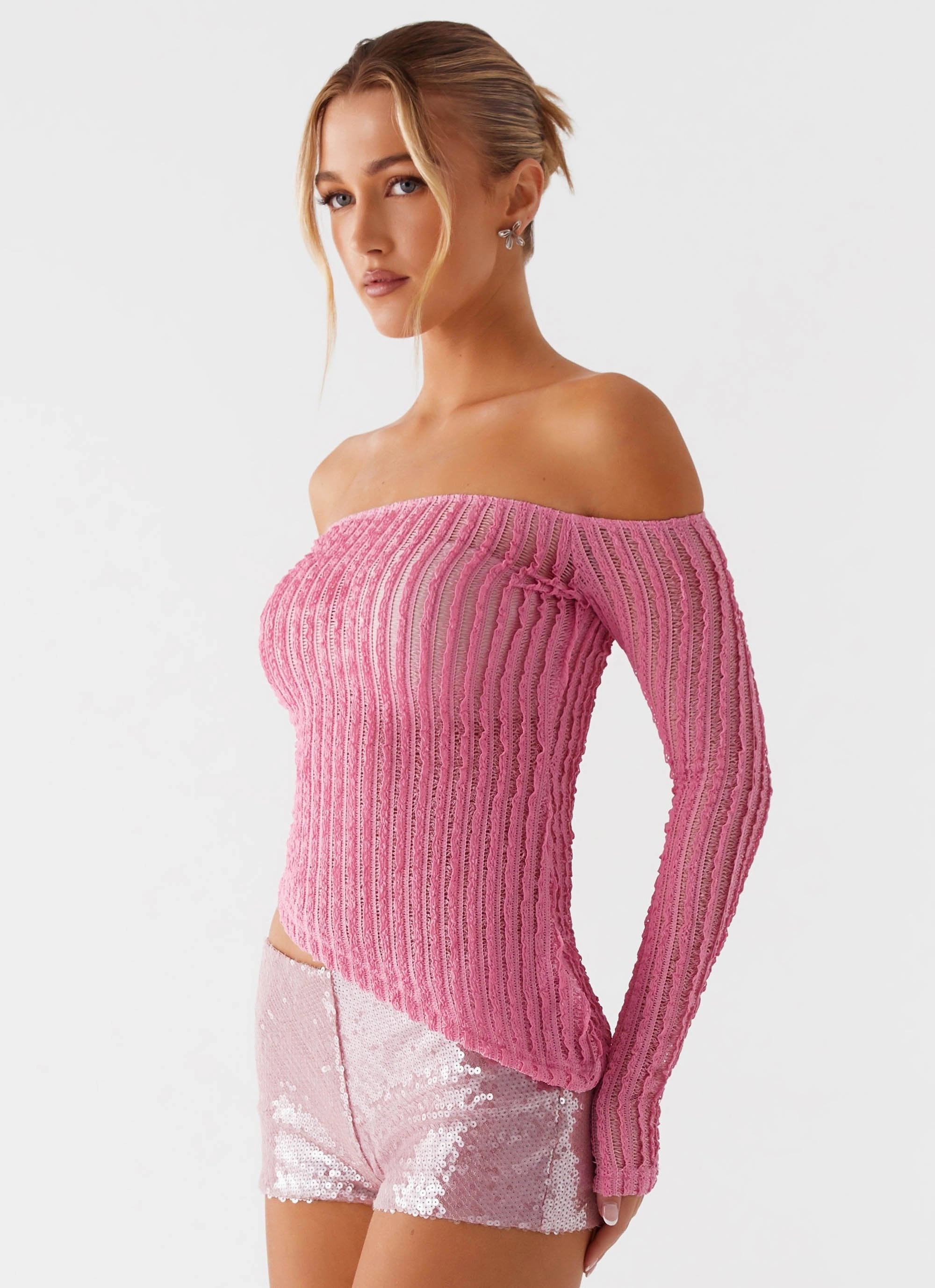 Comfort Cushion Neckline High Visibility Trim Raquel Off Shoulder Long Sleeve Top - Pink