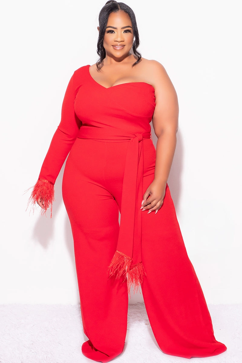 Odor Resistant Coating Stretch Comfort Final Sale Plus Size One Shoulder Long Sleeve Feather Cuff Jumpsuit with Tie in Red
