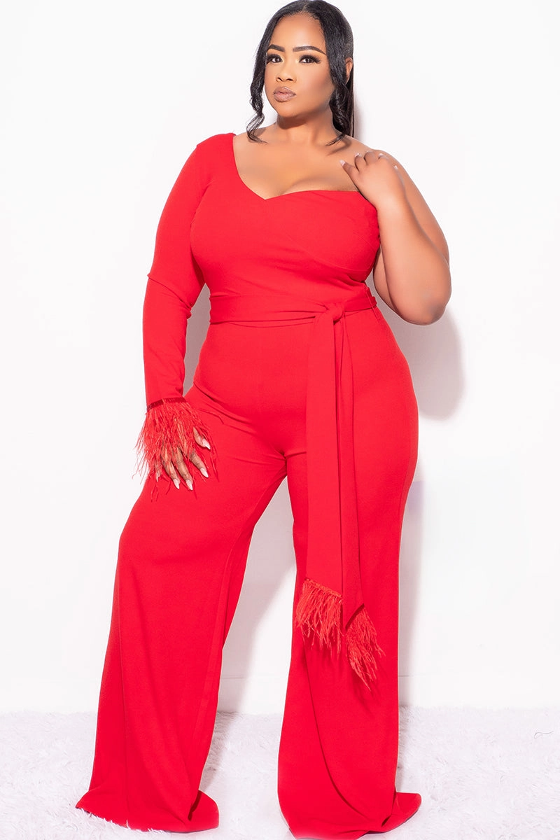 MeshVentilation OdorResistant Final Sale Plus Size One Shoulder Long Sleeve Feather Cuff Jumpsuit with Tie in Red