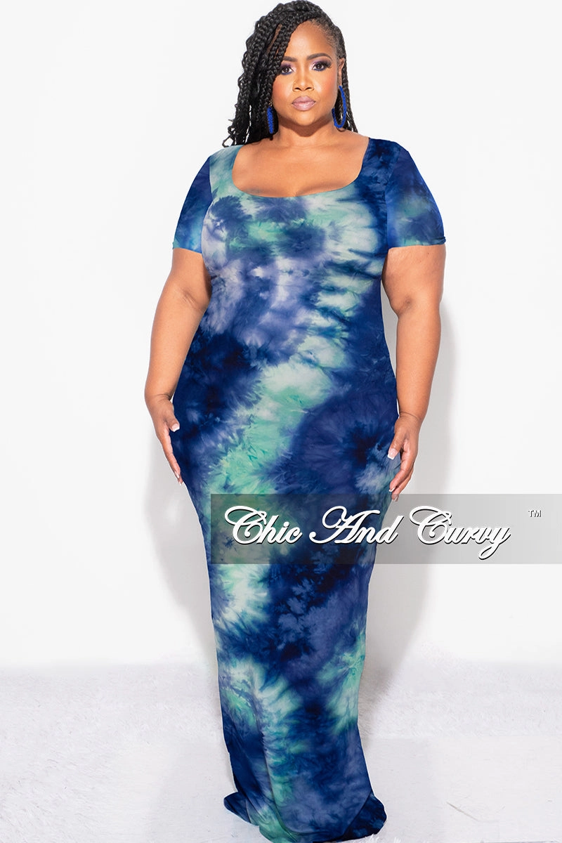 Final Sale Plus Size Short Sleeve Deep Scoop Neck Maxi Dress in Royal Blue & Aqua Tie Dye Print RuggedDurability