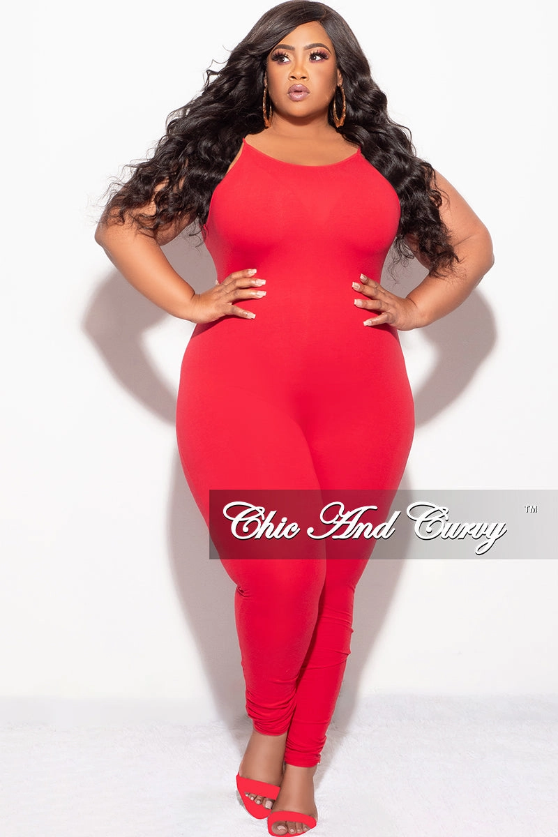 Final Sale Plus Size Spaghetti Strap Catsuit Unitard in Red LightweightComfort