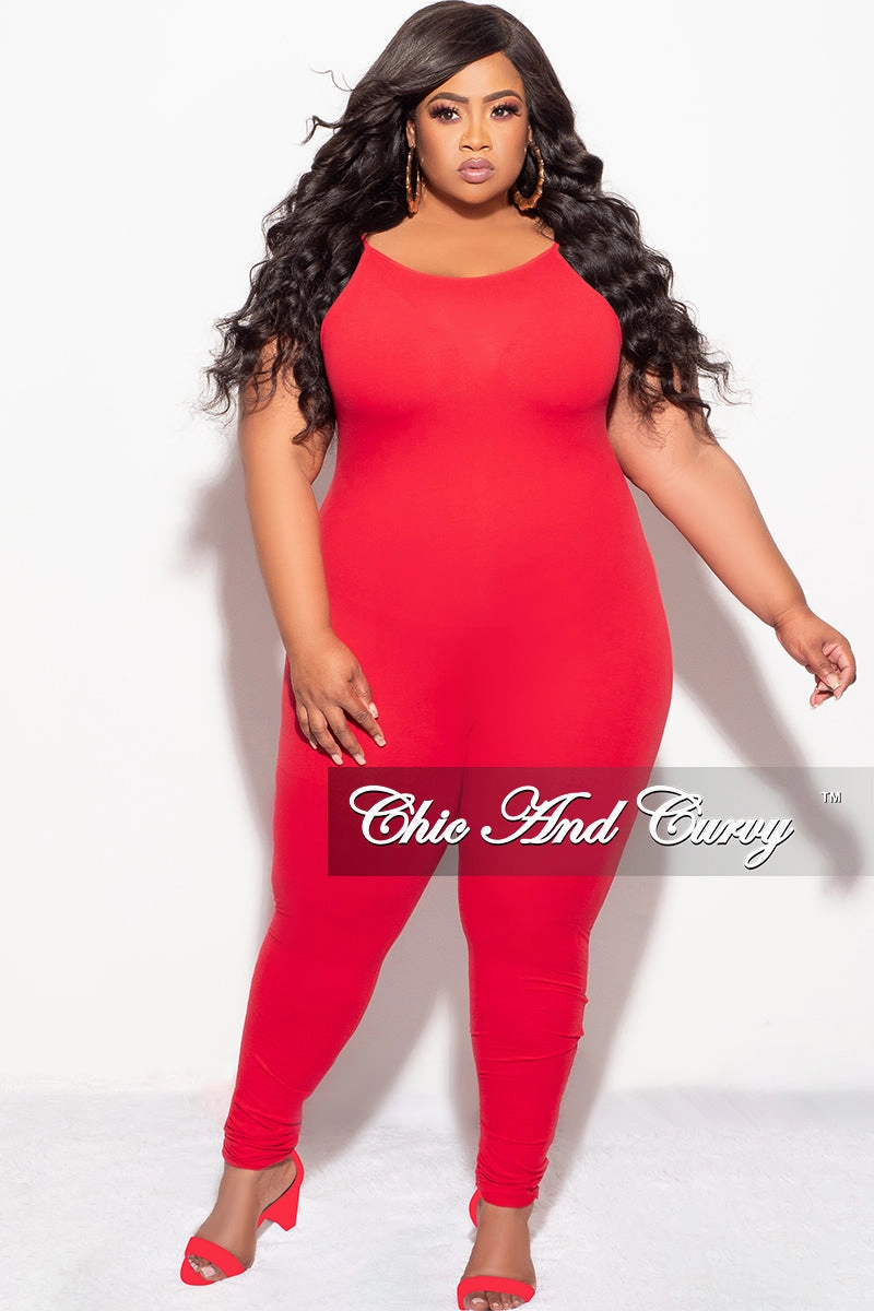 Final Sale Plus Size Spaghetti Strap Catsuit Unitard in Red Anti Static Lining