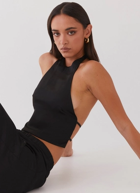 Bree Satin Halterneck Top - Black Reinforced Seam Technique Ergonomic Shoulder Cut