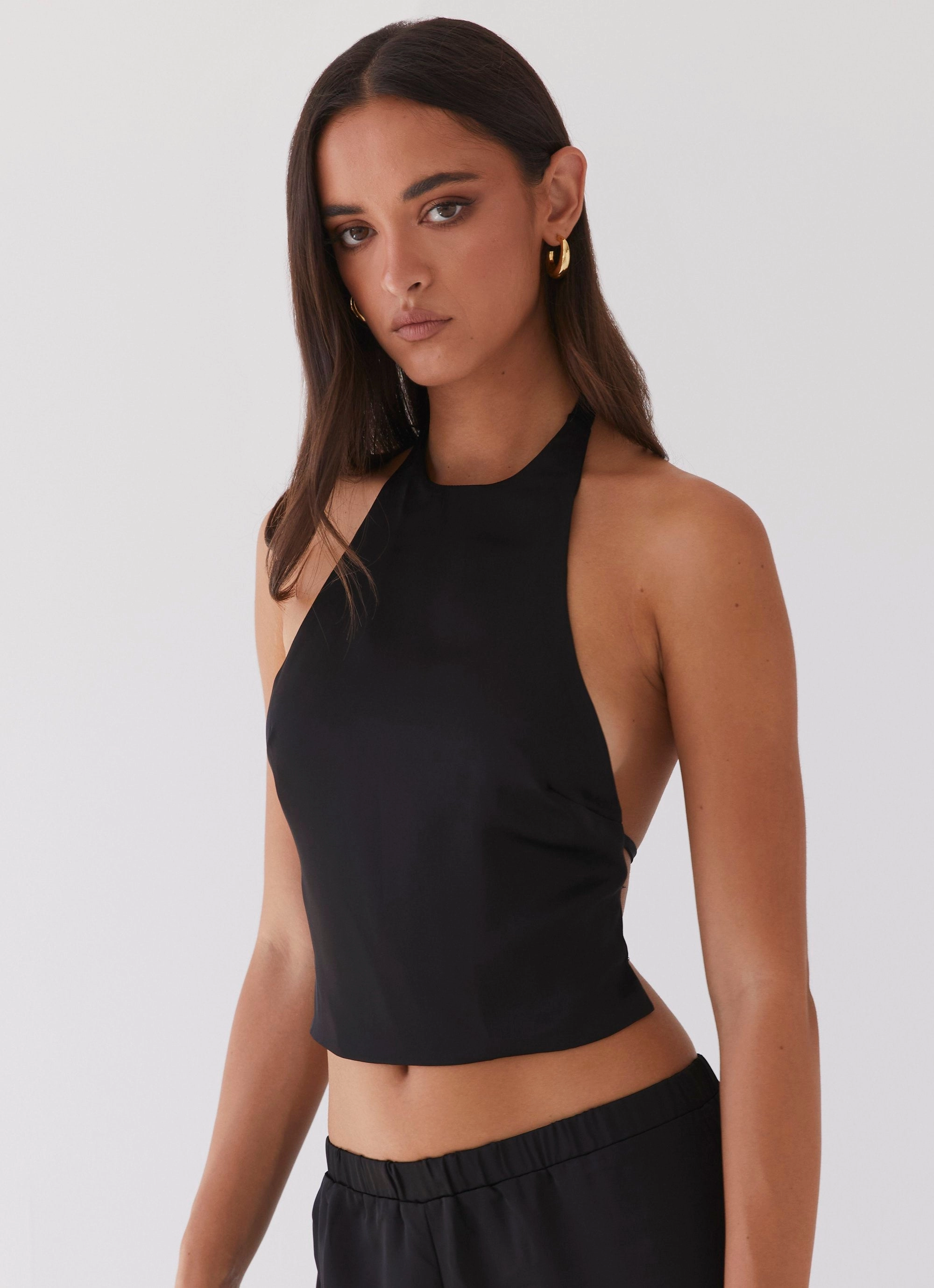 Bree Satin Halterneck Top - Black AthleisureCompatible