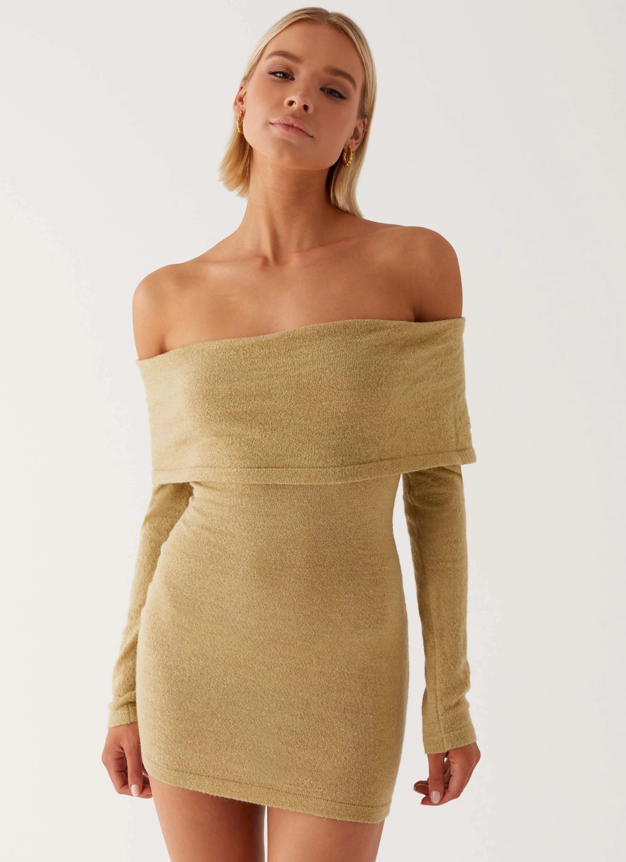 Glossy Detail Quiet Luxury Myla Off Shoulder Mini Dress - Camel