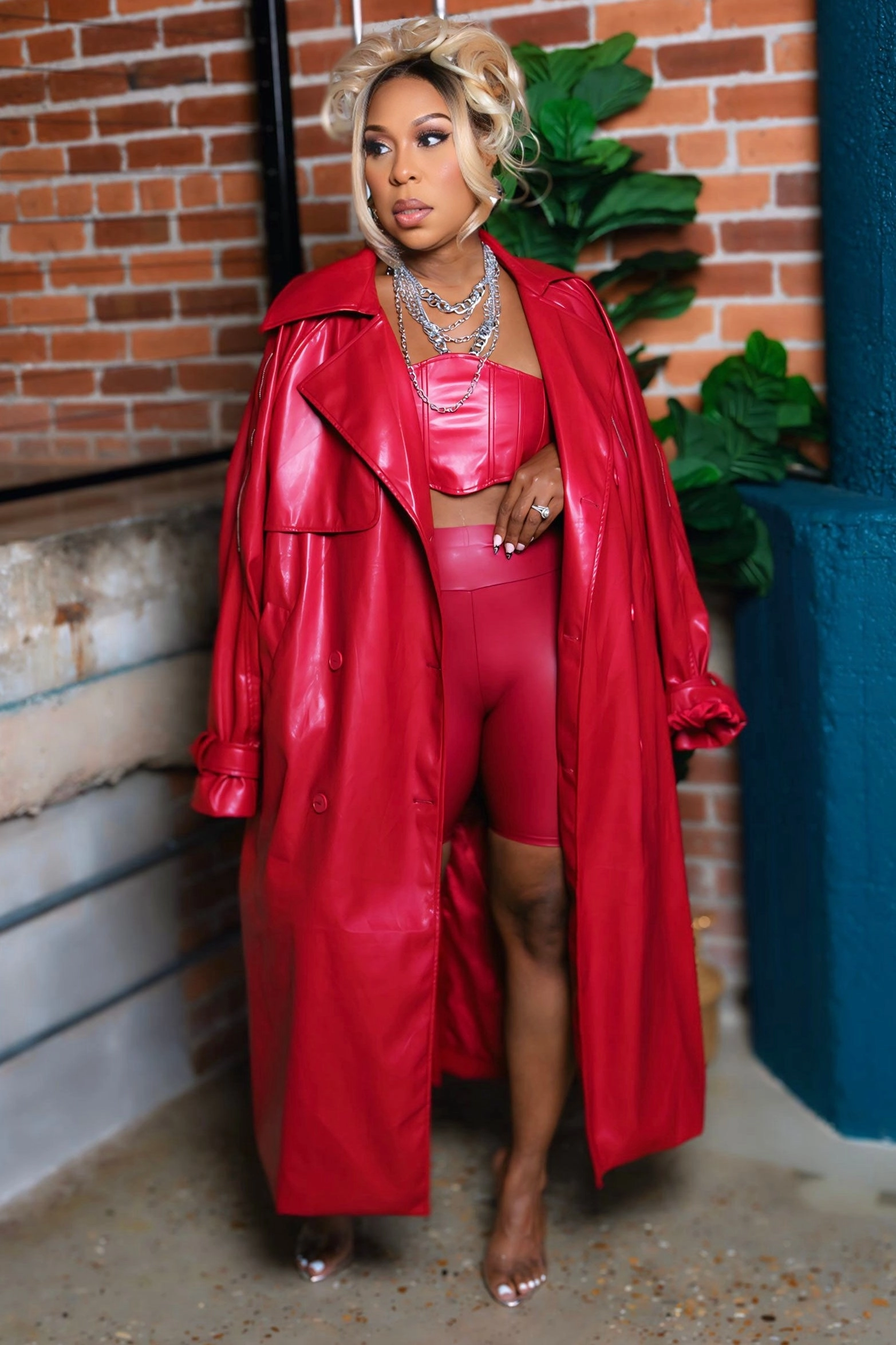 Nadeene Fierce Red Vegan Bandeau And Trench Set Lightweight Layer Ventilation Panels