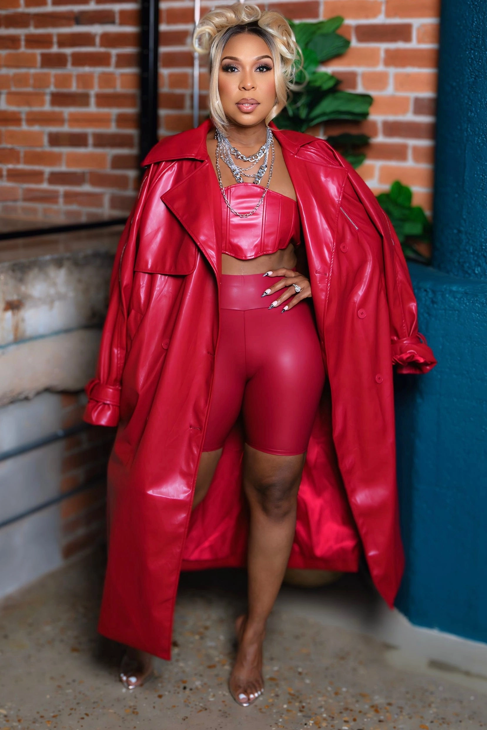Soft Interior Coating Nadeene Fierce Red Vegan Bandeau And Trench Set