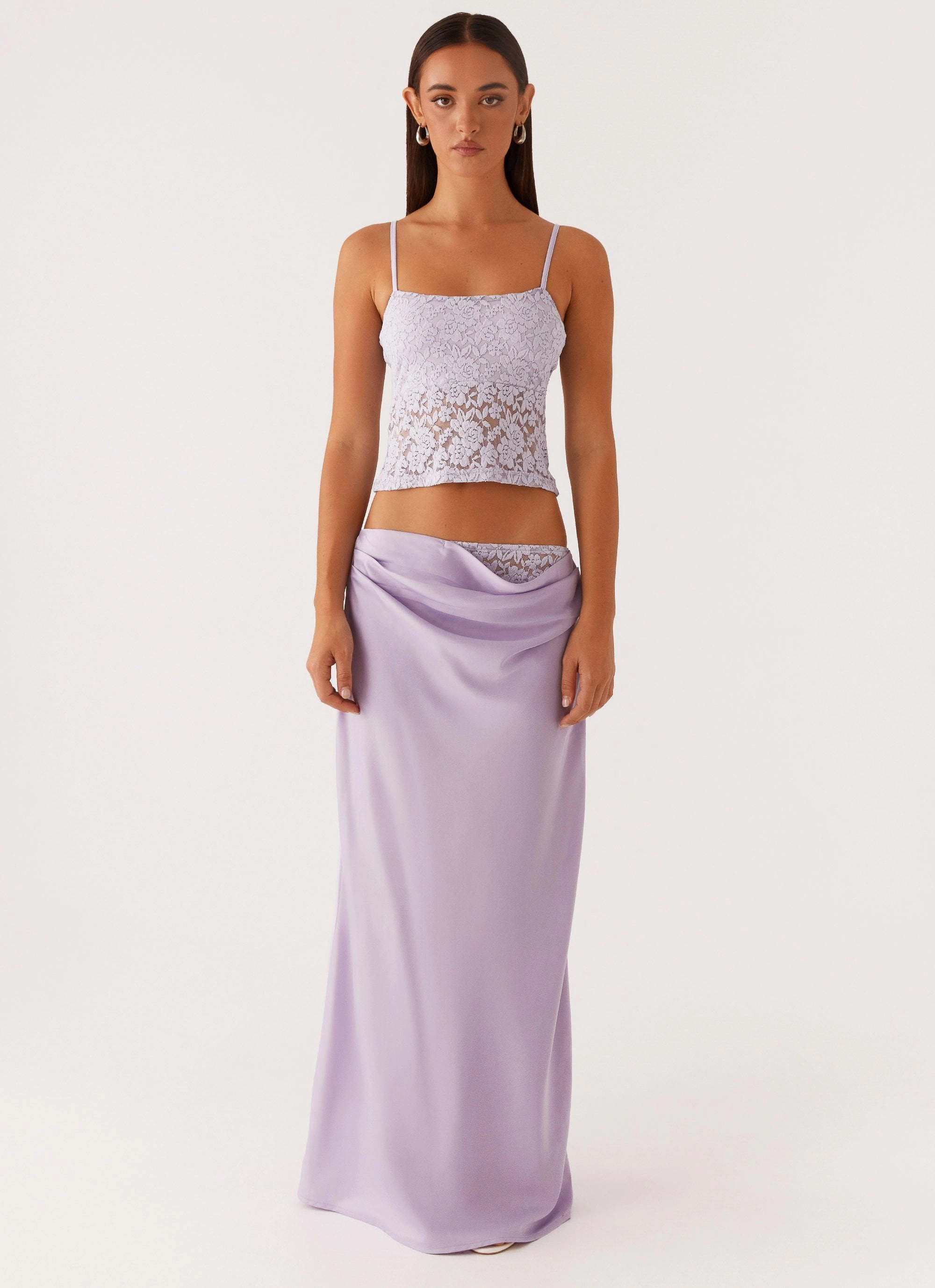 Nancy Lace Satin Maxi Skirt - Lilac Abrasion Resistant Fabric Urban Edge