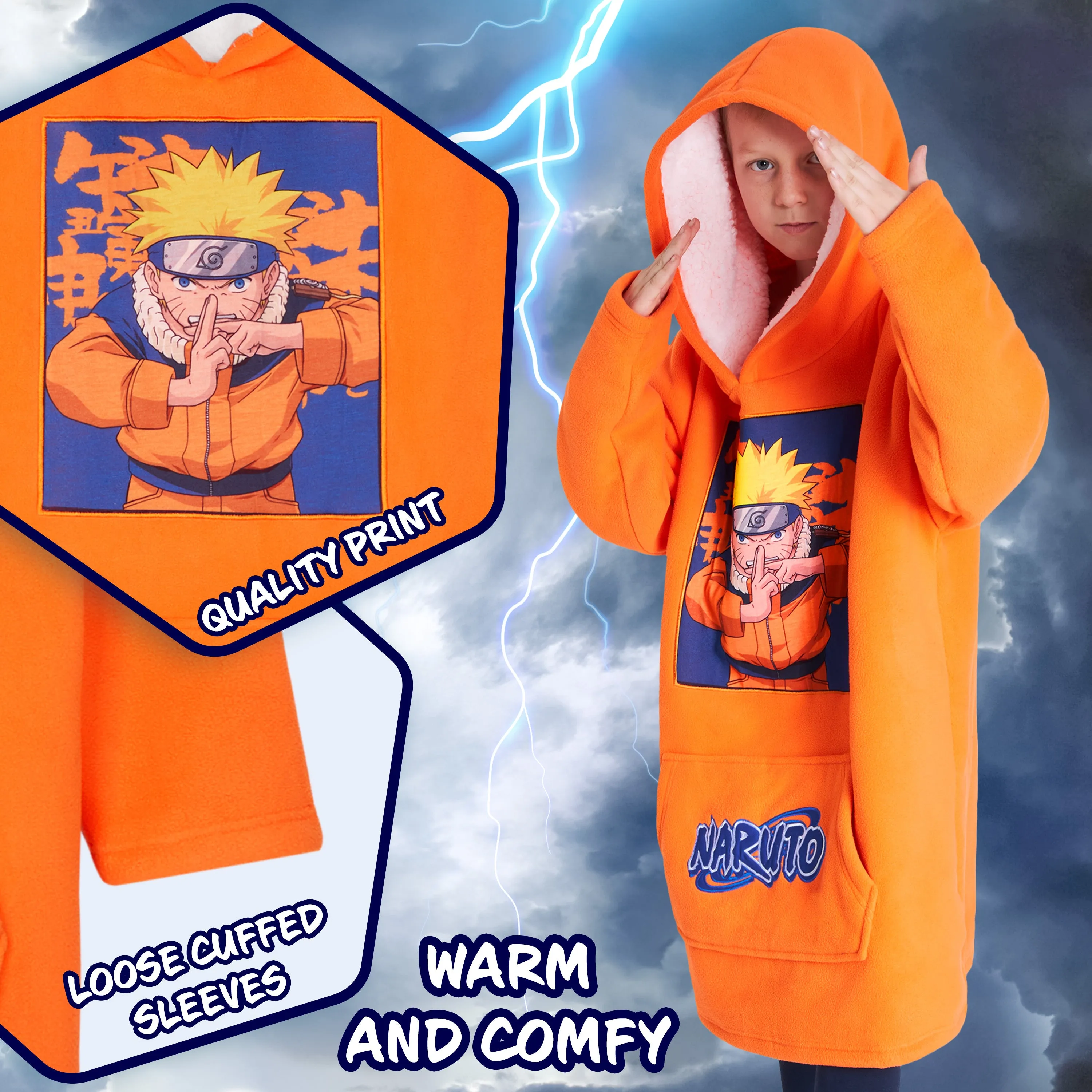 Naruto Fleece Hoodie Blanket for Boys and Teenagers - Orange