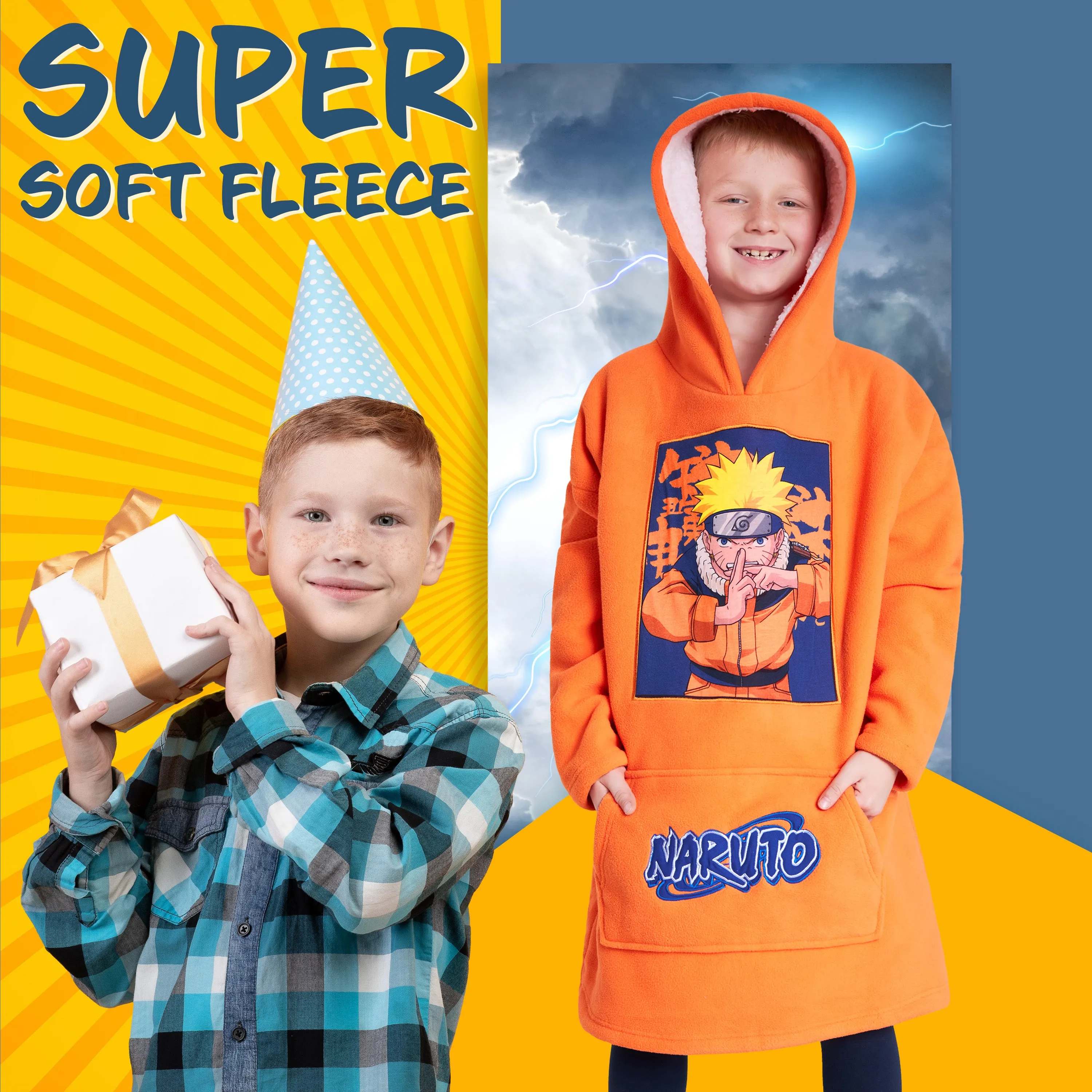 Naruto Fleece Hoodie Blanket for Boys and Teenagers - Orange