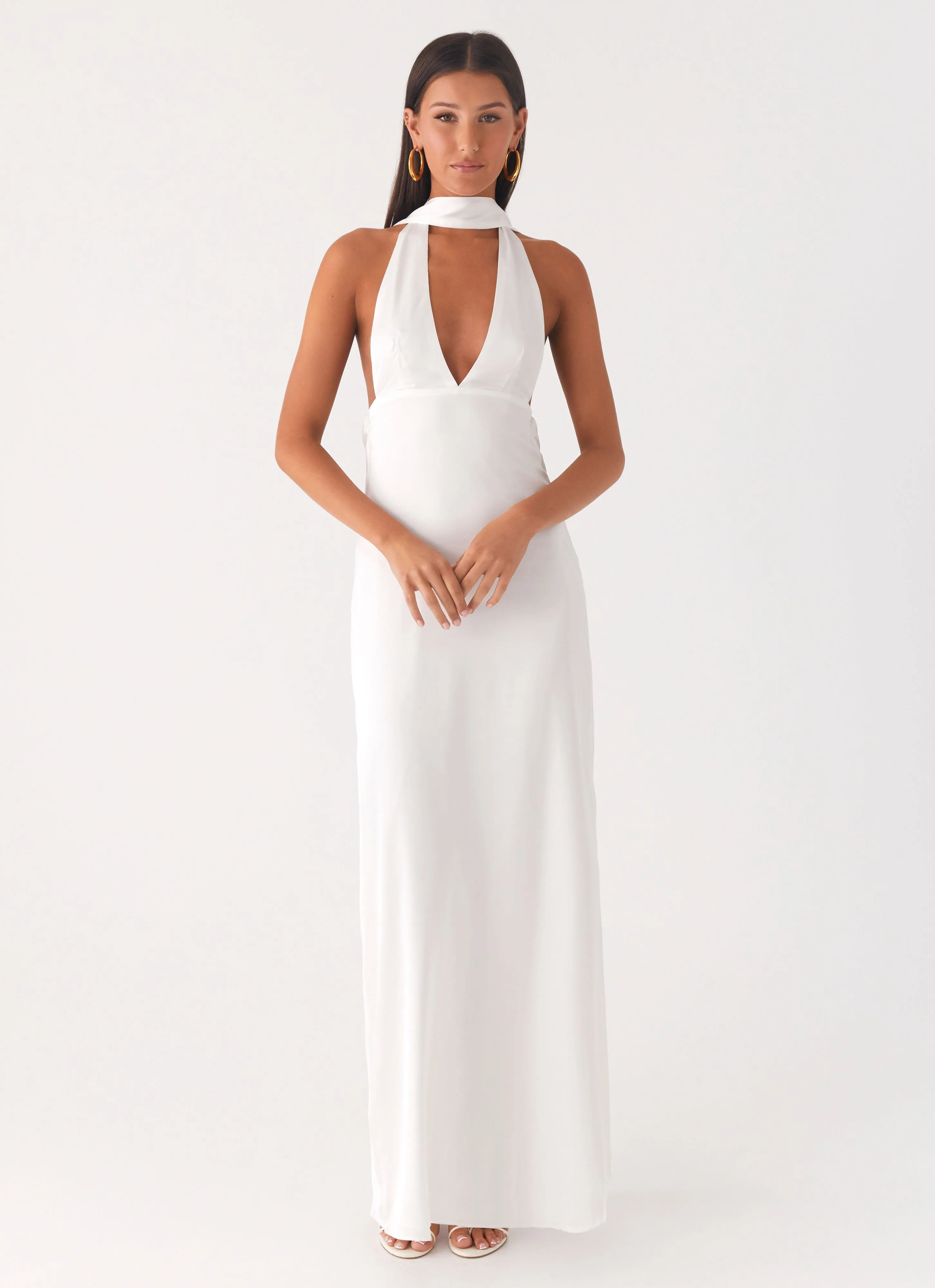 Work Comfort Crinkle Effect Alicia Satin Halter Maxi Dress - White